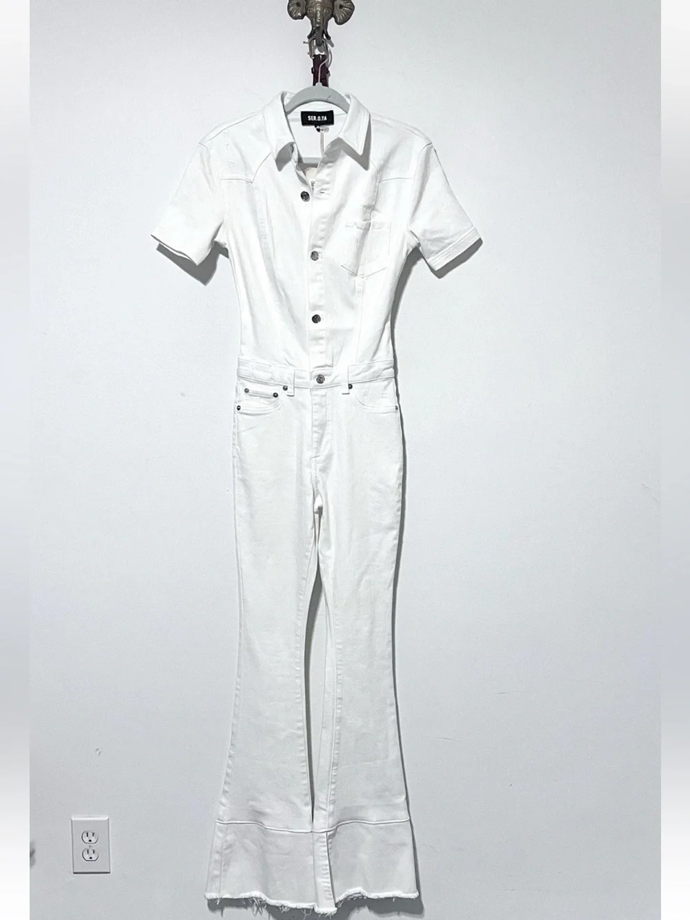 SER.O.YA Fallon White Denim Jumpsuit X Small Flare Frayed Slit Stretch $395. F